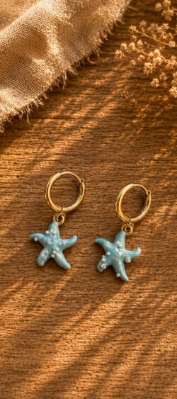 Oorbellen met zeester hanger turquoise/goud Sil