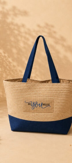 Jute shopper met canvas zand/donkerblauw - Jacky