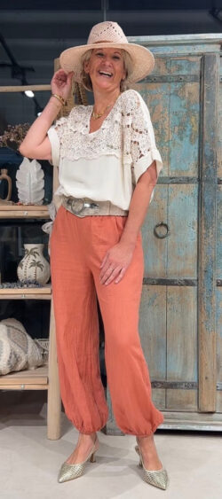 Linnen Jasmin broek elastische zoom brick - Len 183310