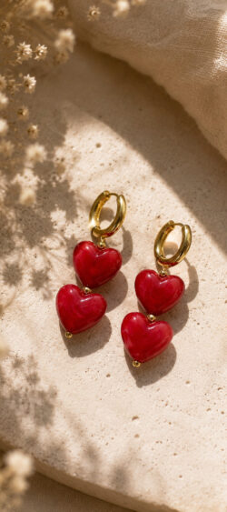Oorbellen chunky heart marmerlook cherry Sil -