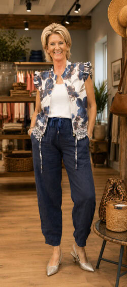 Blouson mouwloos met ruffle donkerblauw gebloemd - Evy 849491