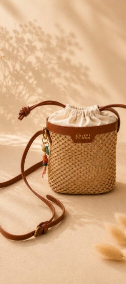 Mini raffia bucket bag beige/cognac
