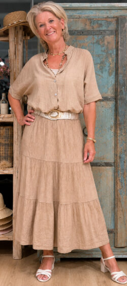 Blouse crêpe met koord camel - Len 186230