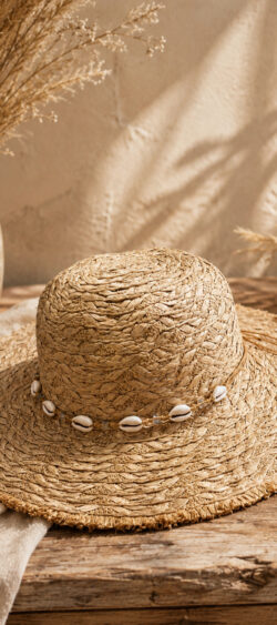Boho zomerhoed raffia shell