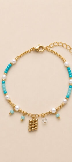 Armband goud met turquoise en parel kralen Sil - 182740