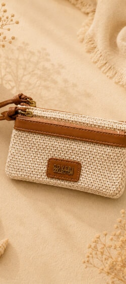 Raffia portemonnee beige/camel
