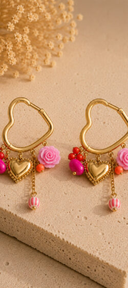 Oorringen heart met pink bedels Sil