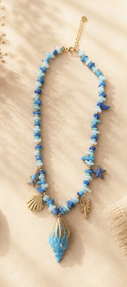 Schelpen ketting turquoise/blauw met schelp hanger Sil -