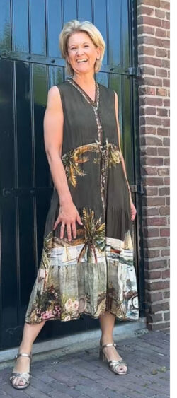 Lange doorknoop jurk palm print khaki Bibi - 184577