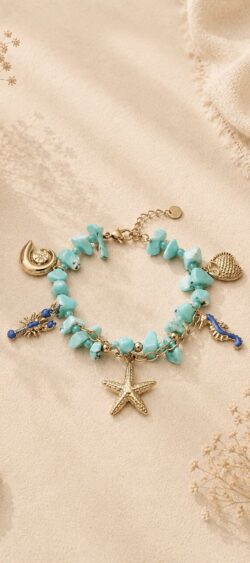 Schelpen armband turquoise met gouden bedels Sil -