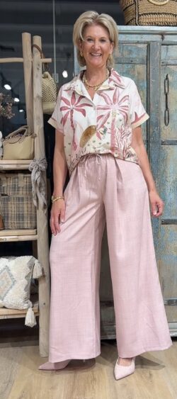 Wijde pantalon oudroze met  koord linnenlook - Len 169990