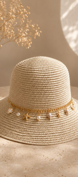 Boho zomerhoed raffia met bedels beige - Renske 187531