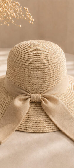 Boho zomerhoed raffia met strik achter beige - Renske