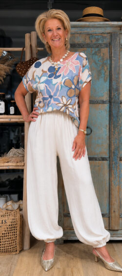 Blouse top flower jeansblauw/bruin/roze - Evy 188261.