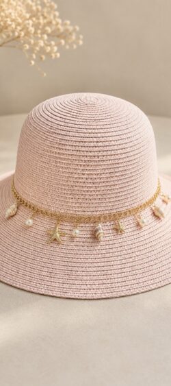 Boho zomerhoed raffia met bedels blush - Renske 187534