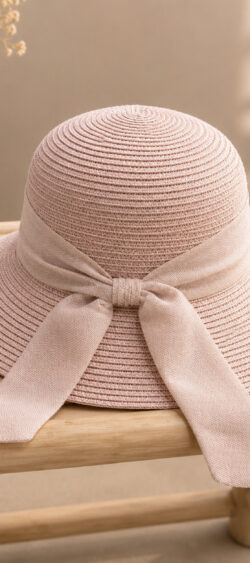 Boho zomerhoed raffia met strik achter blush - Renske