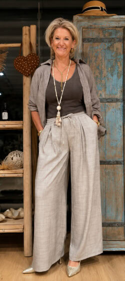 Wijde linnenlook pantalon met koord taupe - Len 180542
