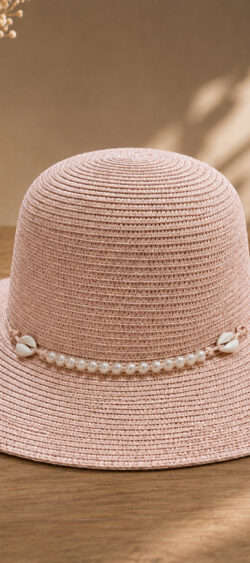 Boho zomerhoed raffia met parels blush - Renske