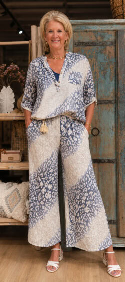 Leopard blouse beige/jeansblauw print - Bibi 186817
