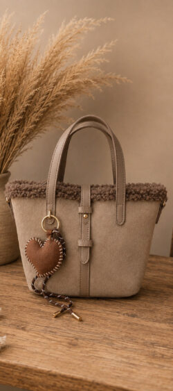 Suedine handtas met teddy rand taupe Lily