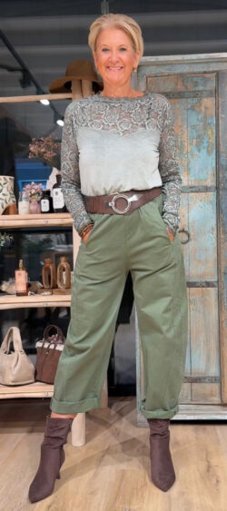 Shirt met kanten mouw khaki Elza - 191341
