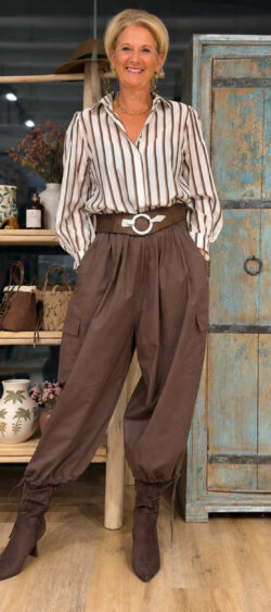 Transparant blouse streep wit/bruin/zand Evy - 191351 (1 september weer op voorraad, je kunt al bestellen)