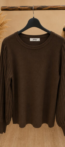Pullover met ribbel pofmouw bruin Evy - 191373