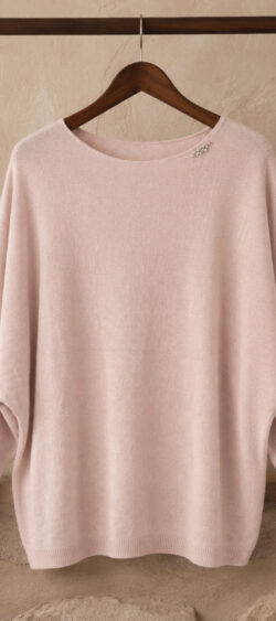 Oversized pullover licht oud roze met strass button - Evy 190308