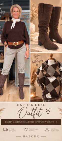 193929. Outfit met geruite stretchbroek €39,95 en bruine pullover €39,95