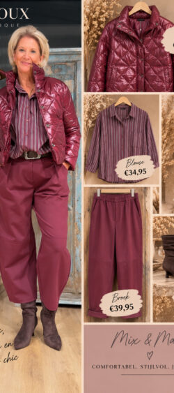 193665. Bordeaux jas, culotte en gestreepte blouse