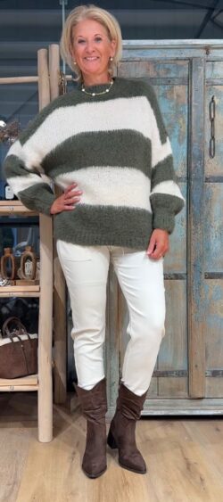 Wollige streep pullover khaki/wolwit - Bibi 196306 (6 oktober weer op voorraad, je kunt al bestellen)