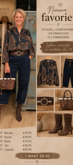 192804. Set transparant blouse print bruin/donkerblauw € 39,95 ᛫ donkerblauwe ballon broek € 39,95