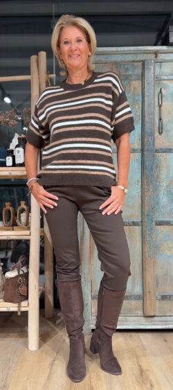 Streep pullover korte mouw bruin - Ailan 197650 (13 oktober weer op voorraad, je kunt al bestellen)
