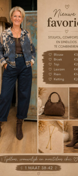 192807. Set Transparant blouse leopard donkerblauw/camel € 39,95 ᛫ donkerblauwe ballon broek € 39,95