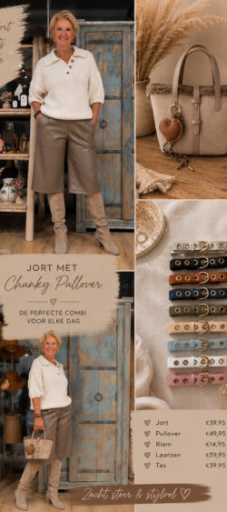 192961. Leatherlook jort €39,95 ᛫ chunky pullover €49,95