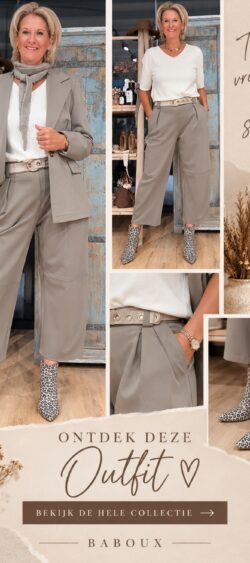 Outfit met taupe/zand blazer €49,95 en bijpassende culotte €39,95