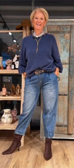 Wollige oversized pullover 3/4 mouw donker jeansblauw - Elza 190470
