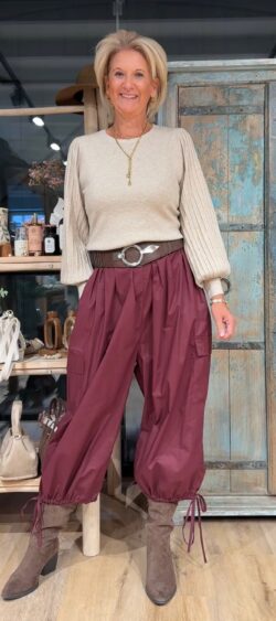 Pullover met ribbel pofmouw zand Evy - 191372
