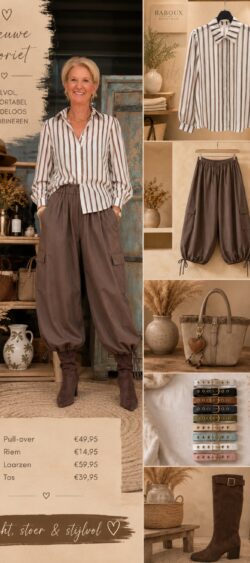 192967. Combi gestreepte blouse €39,95  ᛫ bruine ballon broek €39,95
