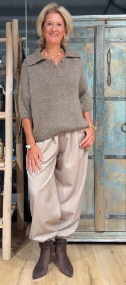 Chunky wollige pullover met kraagje taupe/bruin- Elza 190489.