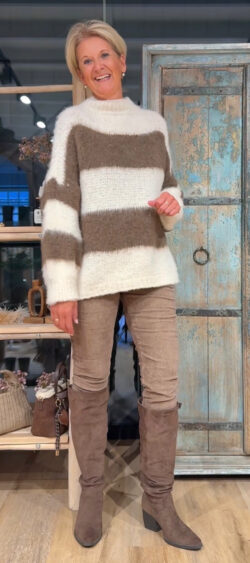 Wollige streep pullover bruin/wolwit - Bibi 197548 (13 oktober weer op voorraad, je kunt al bestellen)
