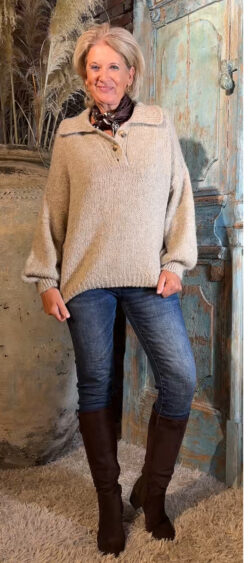 Chunky wollige pullover lange mouw zand - Elza 199614