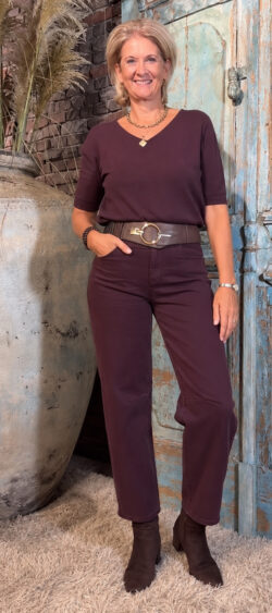 Pullover v-hals korte mouw aubergine - Evy 198703