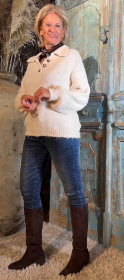 Chunky wollige pullover lange mouw ecru - Elza 199617