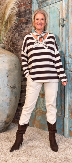 Streep pullover met v-hals bruin - Ailan 198799