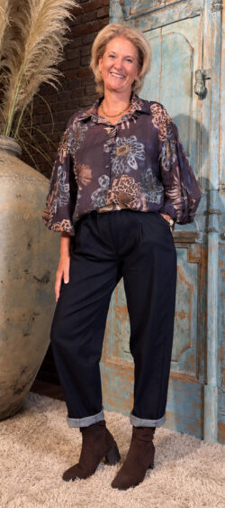 Transparant blouse ballon mouw Safari flower donkerblauw Evy - 198611 (20 oktober weer op voorraad, je kunt al bestellen)