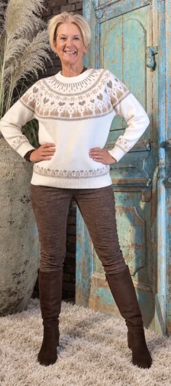 Noorse trui wolwit/camel/taupe - Evy 200130