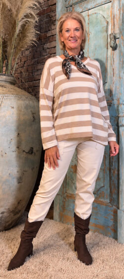 Streep pullover met v-hals licht taupe - Ailan 198831