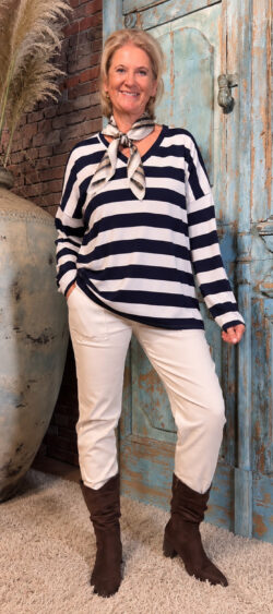 ✔️Streep pullover met v-hals donkerblauw - Ailan 198807